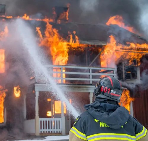 Pompier de dos arrosant une maison entièrement en flammes